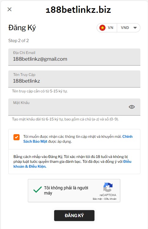 Thông tin đăng ký 188bet